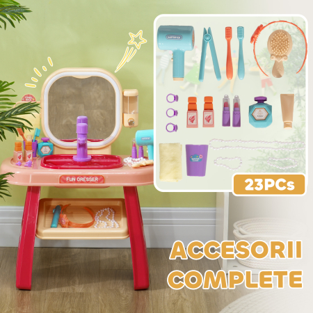  Masa de Toaleta pentru Fetite 3-6 Ani cu Oglinda din Acrilic si Robinet, Jucarie pentru Copii din Plastic, 55x29x71 cm, Roz [7]