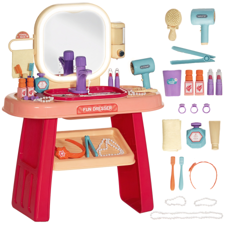 Dormitor & birou -  Masa de Toaleta pentru Fetite 3-6 Ani cu Oglinda din Acrilic si Robinet, Jucarie pentru Copii din Plastic, 55x29x71 cm, Roz