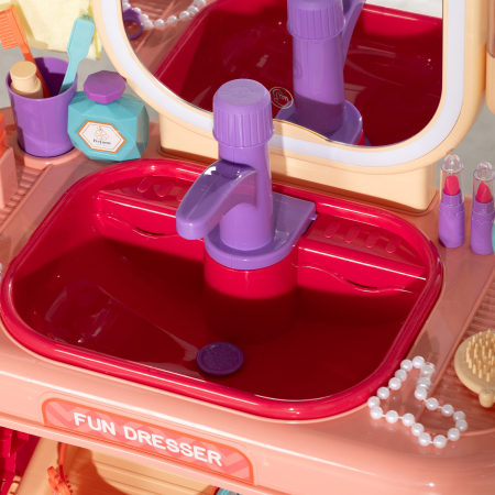  Masa de Toaleta pentru Fetite 3-6 Ani cu Oglinda din Acrilic si Robinet, Jucarie pentru Copii din Plastic, 55x29x71 cm, Roz [8]