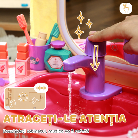  Masa de Toaleta pentru Fetite 3-6 Ani cu Oglinda din Acrilic si Robinet, Jucarie pentru Copii din Plastic, 55x29x71 cm, Roz [5]