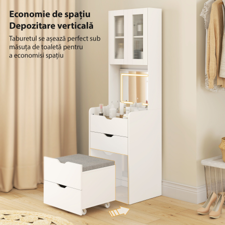  Masa de Toaleta pentru Machiaj cu Oglinda Iluminata si Taburet, Lumina Reglabila, Sertare si Dulap, Alb [4]