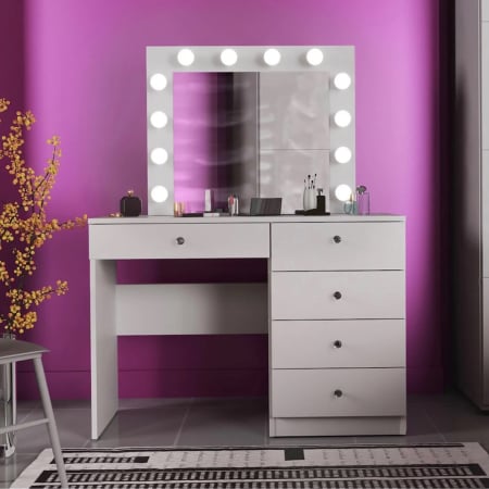 Mobila dormitor - Masa de toaleta si machiaj Cristal 12 LED cu oglinda si 5 sertare, 110x47x77 cm, alb