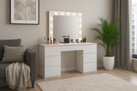 Masa de toaleta si machiaj, cu oglinda LED si 7 sertare, 132x43x152 cm, alb [3]