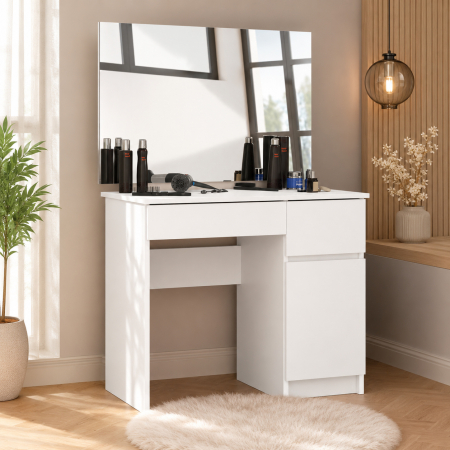 Bucatarie - Masa de toaleta si machiaj cu oglinda mare, 2 sertare si dulap, PAL laminat 16 mm, 90x50x142 cm, alba
