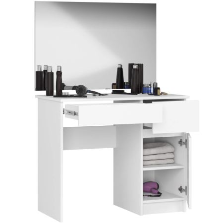 Masa de toaleta si machiaj cu oglinda mare, 2 sertare si dulap, PAL laminat 16 mm, 90x50x142 cm, alba [4]