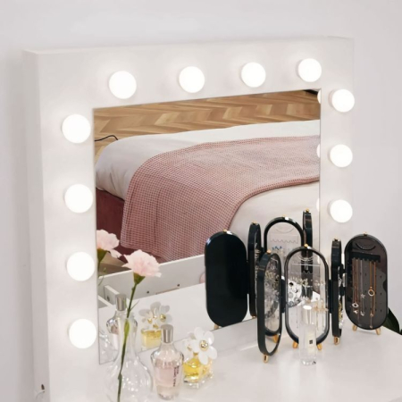 Masa de toaleta si machiaj Hollywood, alba, cu 2 sertare, oglinda si 12 LED-uri, taburet tapitat, 80x40x140 cm [1]