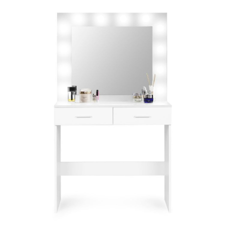 Masa de toaleta si machiaj Hollywood, alba, cu 2 sertare, oglinda si 12 LED-uri, taburet tapitat, 80x40x140 cm [7]