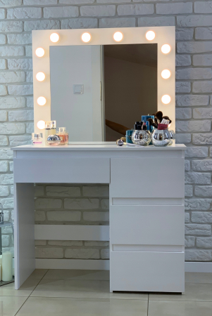 Masa de toaleta si machiaj Hollywood Pro, alba, cu 4 sertare, oglinda si 12 LED-uri, 90x40x140 cm [9]