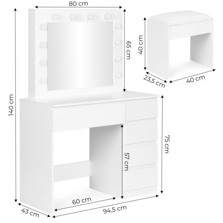 Masa de toaleta si machiaj Hollywood Pro, alba, cu 5 sertare, oglinda si 12 LED-uri, taburet tapitat, 94x43x140 cm [1]