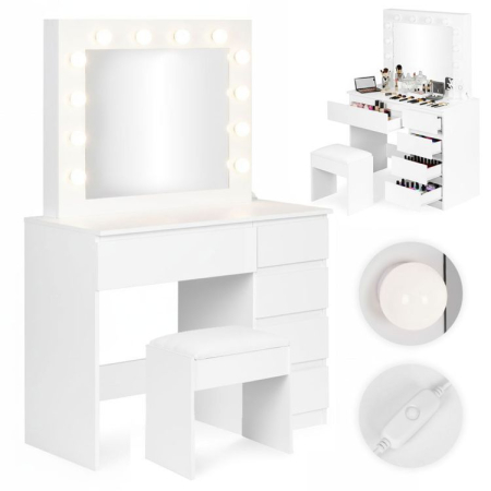 Masa de toaleta si machiaj Hollywood Pro, alba, cu 5 sertare, oglinda si 12 LED-uri, taburet tapitat, 94x43x140 cm [11]