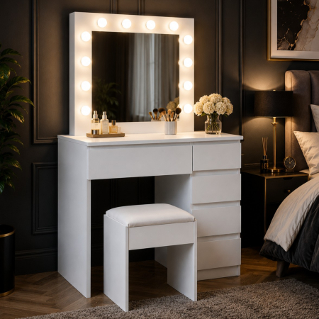Mobila dormitor - Masa de toaleta si machiaj Hollywood Pro, alba, cu 5 sertare, oglinda si 12 LED-uri, taburet tapitat, 94x43x140 cm