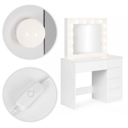 Masa de toaleta si machiaj Hollywood Pro, alba, cu 5 sertare, oglinda si 12 LED-uri, taburet tapitat, 94x43x140 cm [2]