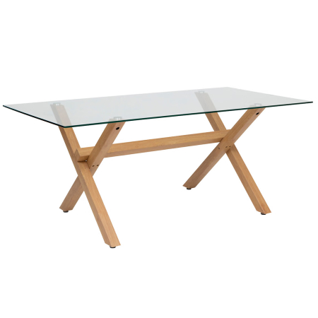 Mese bucatarie si living - Masa dining bucatarie Atmosphera Jorel cu blat din sticla si picioare metalice, 180x90x75 cm, efect stejar