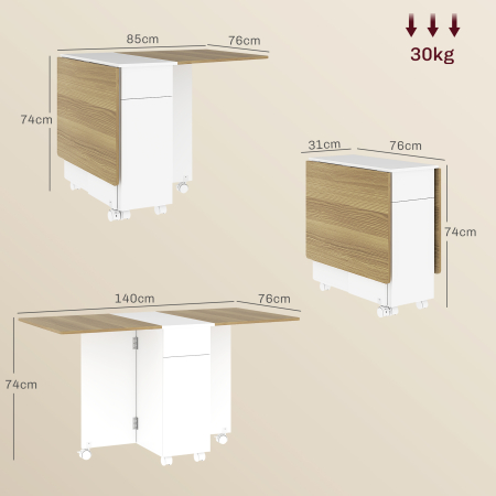  Masa dreptunghiulara extensibila cu 2 sertare si un dulap din lemn, 140x76x74 cm, alb si lemn natural [2]