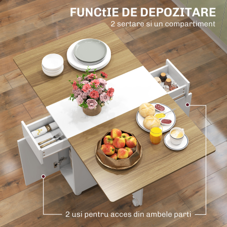  Masa dreptunghiulara extensibila cu 2 sertare si un dulap din lemn, 140x76x74 cm, alb si lemn natural [5]