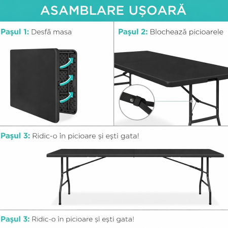 Masa dreptunghiulara pliabila multifunctionala, pentru gradina sau evenimente, 240x75x74 cm, negru [5]