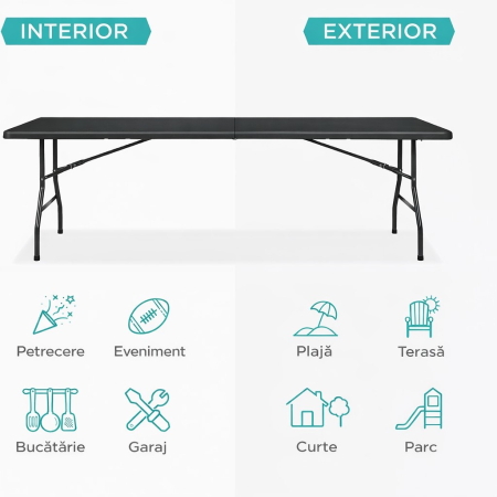 Masa dreptunghiulara pliabila multifunctionala, pentru gradina sau evenimente, 240x75x74 cm, negru [3]