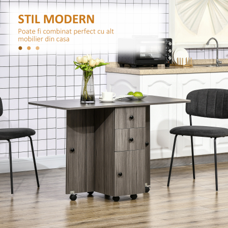  Masa Extensibila pe 6 Roti cu 2 Sertare si Dulap cu Usi, din Lemn, 120x60x76.5 cm, Gri [3]