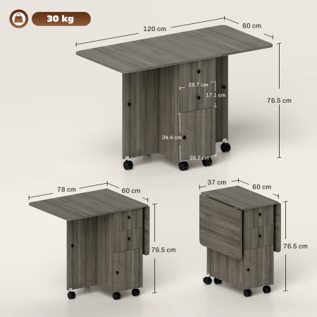  Masa Extensibila pe 6 Roti cu 2 Sertare si Dulap cu Usi, din Lemn, 120x60x76.5 cm, Gri [2]