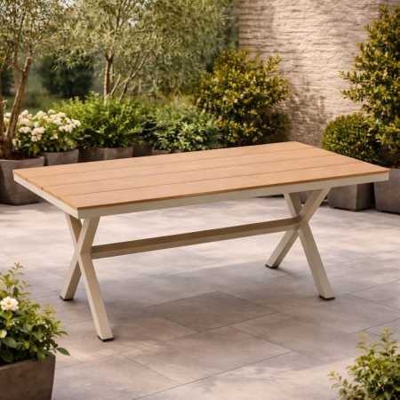 Gradina & balcon - Masa gradina dreptunghiulara din aluminiu cu blat aspect lemn, 150x90x74 cm, bej