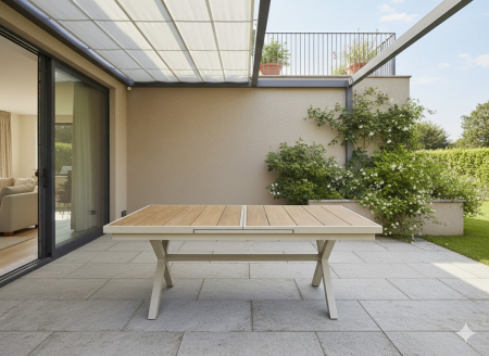 Masa gradina extensibila 180-240 cm din aluminiu cu blat aspect lemn, 180-240x90x76 cm, bej [4]