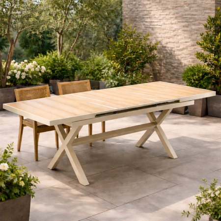 Gradina & balcon - Masa gradina extensibila 180-240 cm din aluminiu cu blat aspect lemn, 180-240x90x76 cm, bej