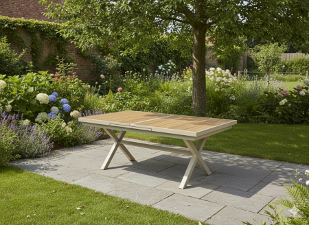 Masa gradina extensibila 180-240 cm din aluminiu cu blat aspect lemn, 180-240x90x76 cm, bej [2]