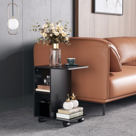  Masa laterala in forma de C cu 2 rafturi deschise si 4 roti pivotante, PAL, 45x35x58cm, negru [6]