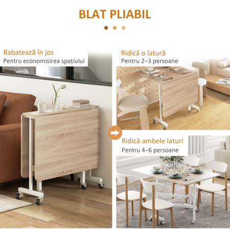  Masa Moderna Pliabila cu 2 Extensii si Roti, din PAL si Otel, 120x80x73cm, Maro [4]