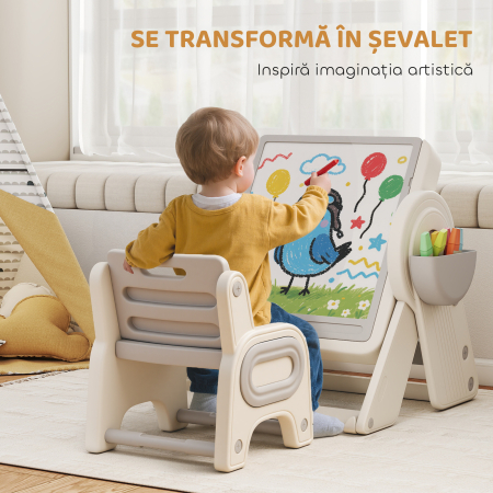  Masa Multifunctionala pentru Copii cu Raft de Depozitare si Sertare, din HDPE si PP, Gri si Alb [4]