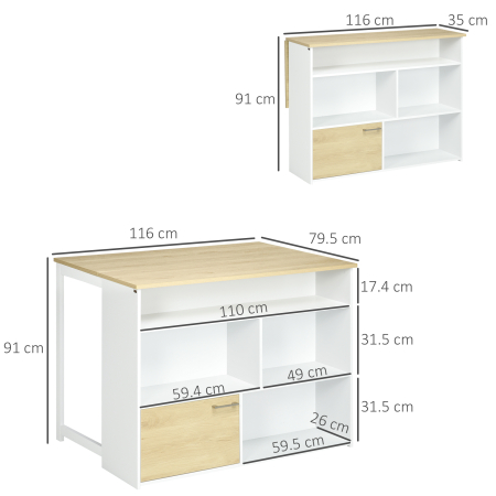  Masa pentru Bar Moderna si Extensibila din MDF pentru 2 Persoane cu 4 Rafturi deschise si Dulapior, 116x79.5x91 cm, Alb si Lemn natur [2]