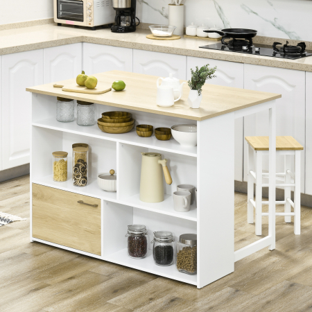  Masa pentru Bar Moderna si Extensibila din MDF pentru 2 Persoane cu 4 Rafturi deschise si Dulapior, 116x79.5x91 cm, Alb si Lemn natur [1]