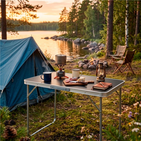 Masa pliabila camping cu maner transport, blat MDF si cadru aluminiu, 80x60x70 cm, argintiu si negru [13]