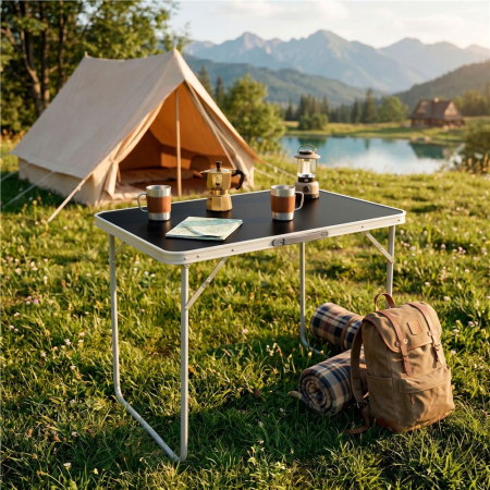 Masa pliabila camping cu maner transport, blat MDF si cadru aluminiu, 80x60x70 cm, argintiu si negru [14]