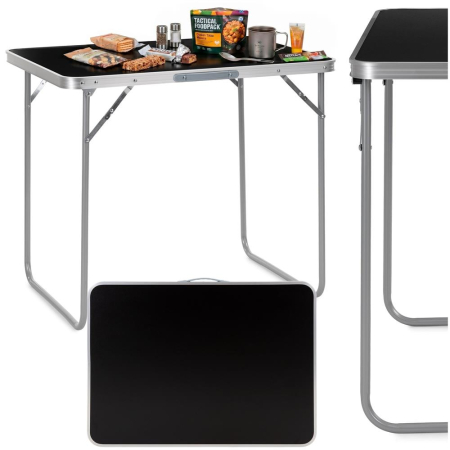 Masa pliabila camping cu maner transport, blat MDF si cadru aluminiu, 80x60x70 cm, argintiu si negru [1]