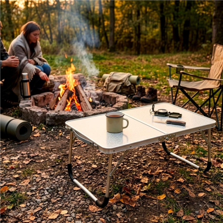 Masa pliabila camping sau picnic joasa cu maner transport, blat MDF si cadru aluminiu, 62x40x25 cm, gri [6]
