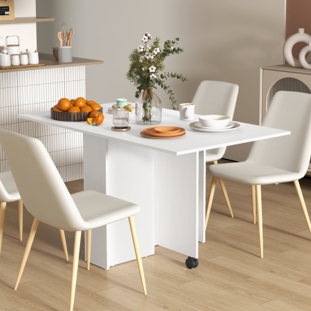  Masa Pliabila Compacta cu 2 Extensii pentru 6 Persoane, cu Rafturi si Roti, Alba [1]