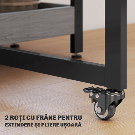  Masa Pliabila cu 2 Extensii pentru 4 Persoane cu 2 Rafturi Deschise, din Lemn si Metal, 133.4x80x75 cm, Gri [5]