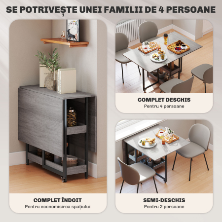  Masa Pliabila cu 2 Extensii pentru 4 Persoane cu 2 Rafturi Deschise, din Lemn si Metal, 133.4x80x75 cm, Gri [3]