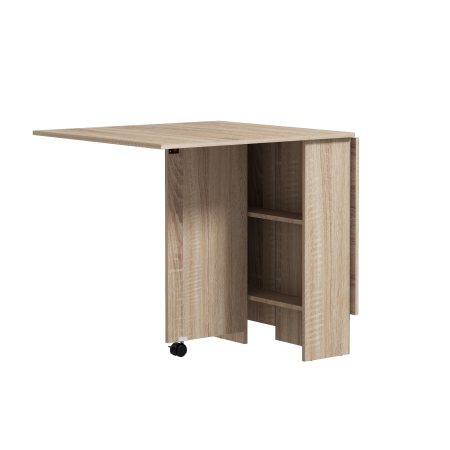 Bucatarie -  Masa Pliabila cu 2 Extensii pentru 6 Persoane, cu Rafturi si Roti Integrate, Lemn Natural