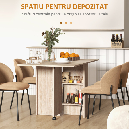  Masa Pliabila cu 2 Extensii pentru 6 Persoane, cu Rafturi si Roti Integrate, Lemn Natural [4]