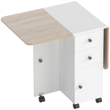 Bucatarie -  Masa pliabila cu 2 sertare si dulap, 6 roti si frane, 120x60x76.5 cm, alb si stejar