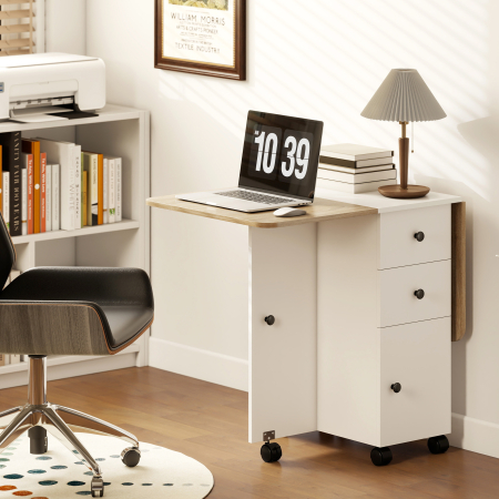  Masa pliabila cu 2 sertare si dulap, 6 roti si frane, 120x60x76.5 cm, alb si stejar [7]