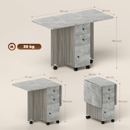  Masa pliabila cu 2 sertare si dulap, 6 roti si frane, 120x60x76,5 cm, gri lemn si piatra [2]