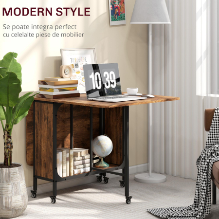  Masa Pliabila cu 6 Roti si Raft Stil Industrial din Lemn si Metal, Maro Rustic [3]