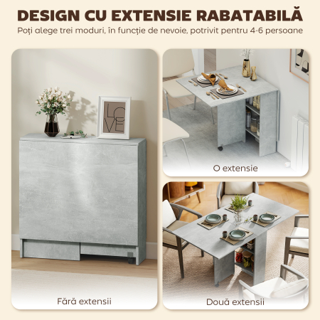  Masa Pliabila din Lemn pentru 4-6 Persoane cu Roti, 75x140x74cm, Gri [3]