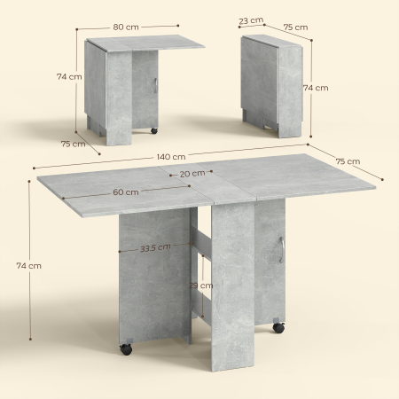  Masa Pliabila din Lemn pentru 4-6 Persoane cu Roti, 75x140x74cm, Gri [2]
