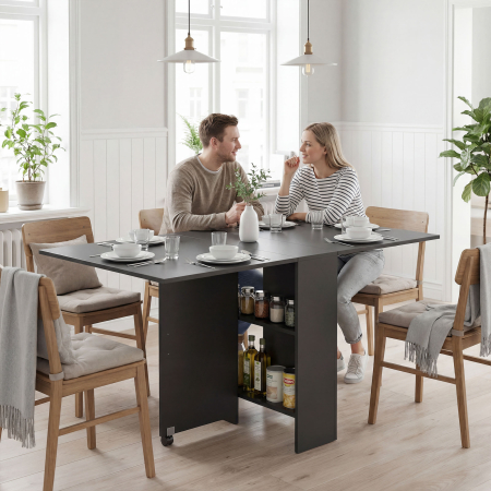  Masa Pliabila din Lemn pentru 4-6 Persoane cu Roti, 75x140x74cm, Neagra [1]