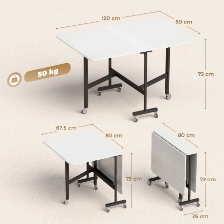  Masa pliabila pentru 4-6 persoane cu 2 extensii si roti cu frana, 120x80x73 cm, alb cu aspect de lemn [2]