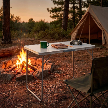 Masa pliabila pentru camping, cu maner transport, blat MDF si cadru aluminiu, 90x60x70 cm, gri [15]